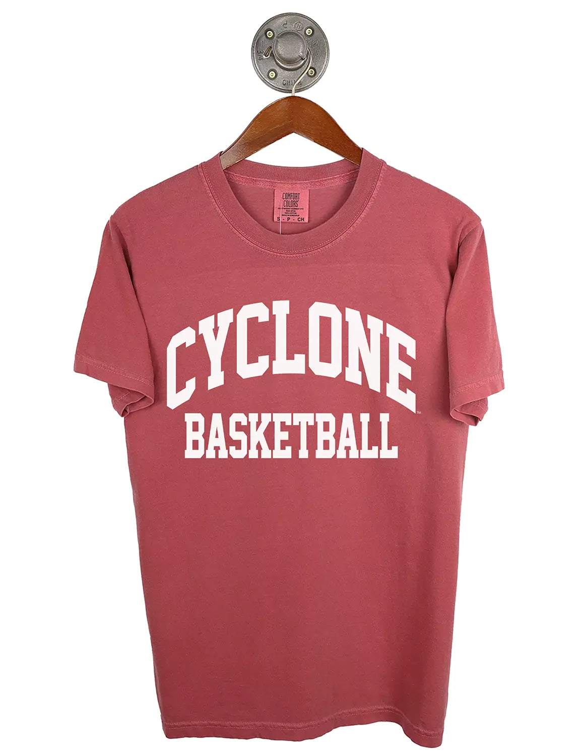 Crimson Iowa State University Comfort Colors unisex t-shirt with white "Cyclone Basketball" lettering. 