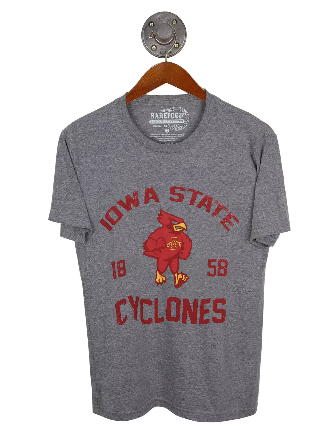 Heather grey Iowa State University unisex short-sleeve t-shirt featuring a Cyclone logo and cardinal lettering. 