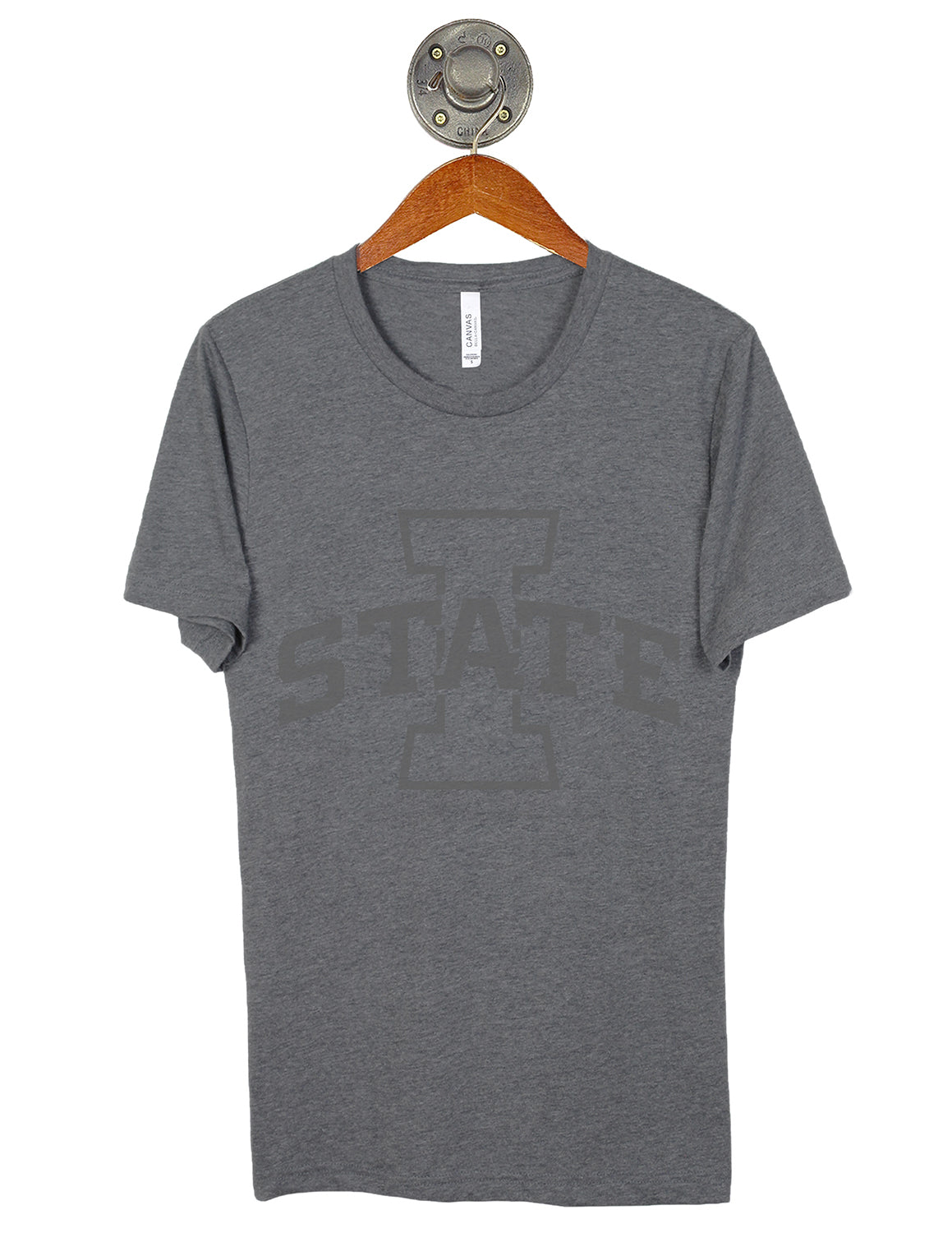 Heather grey Iowa State University unisex t-shirt that features a large grey Iowa State logo in the center. 