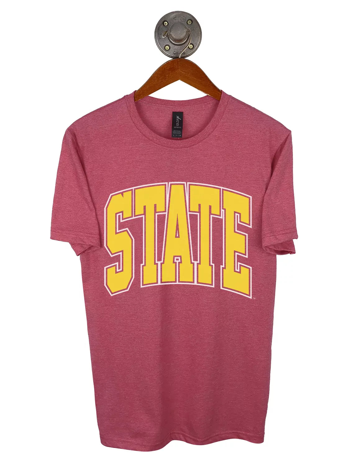 Heather cardinal Iowa State University unisex t-shirt that features gold and white lettering. 