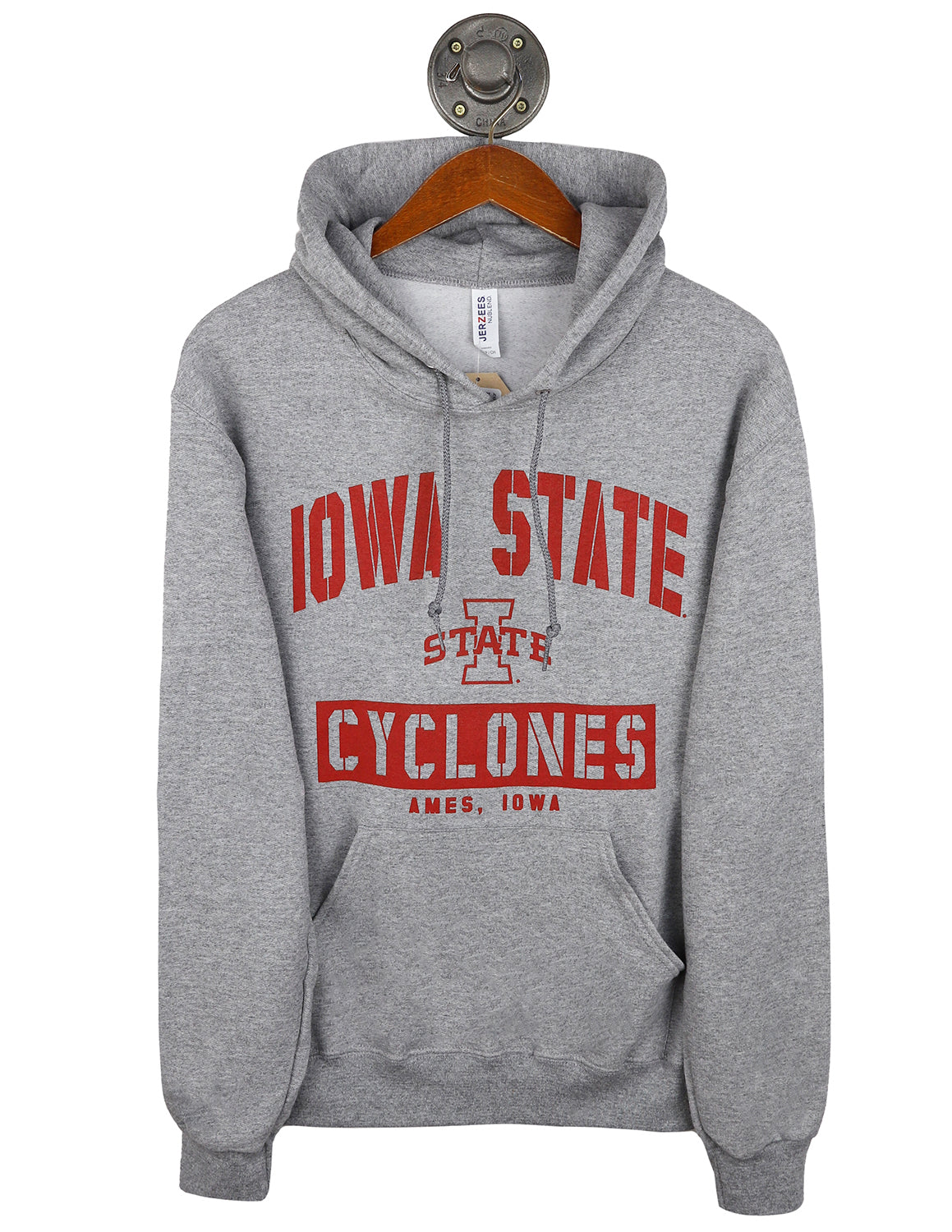Heather grey Iowa State University unisex hoodie that features a ISU logo in the middle with red lettering. 