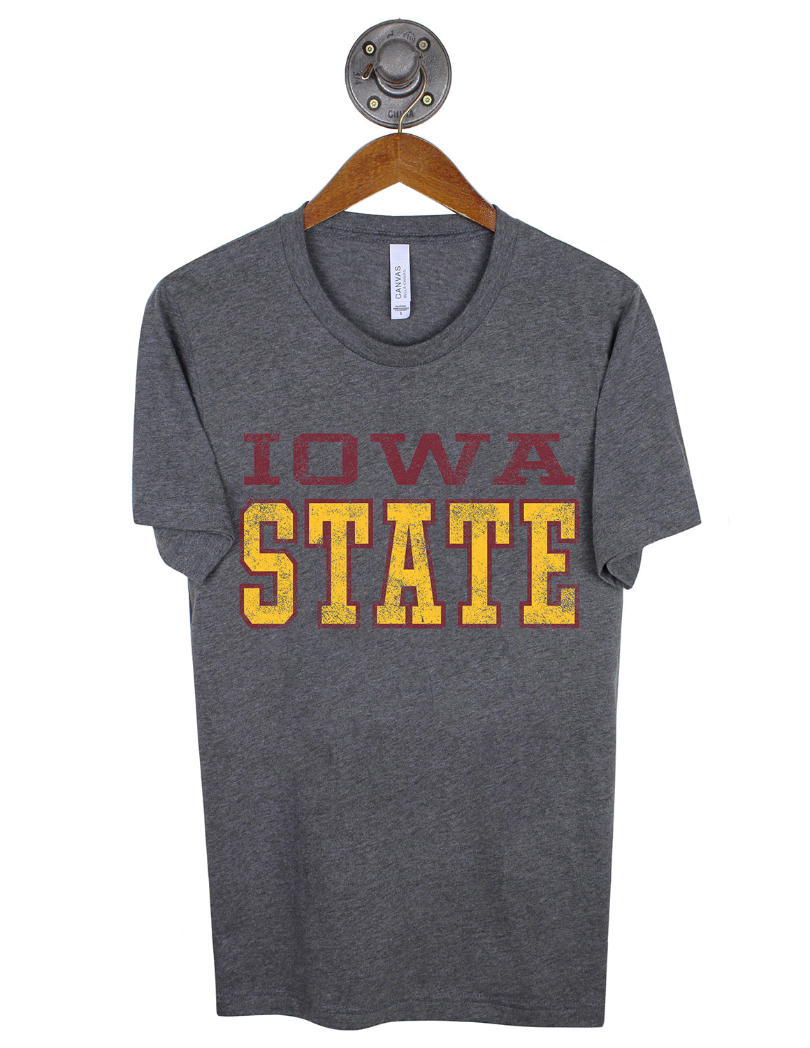 Heather grey Iowa State University unisex short-sleeve t-shirt that features gold and cardinal lettering. 