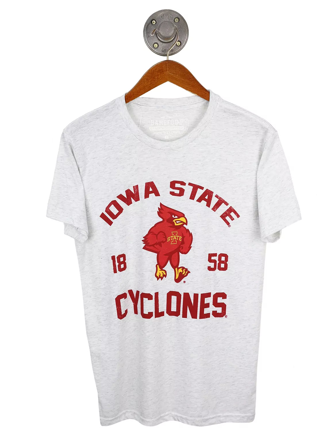Heather white Iowa State University unisex short-sleeve t-shirt featuring a Cyclones logo and cardinal lettering. 
