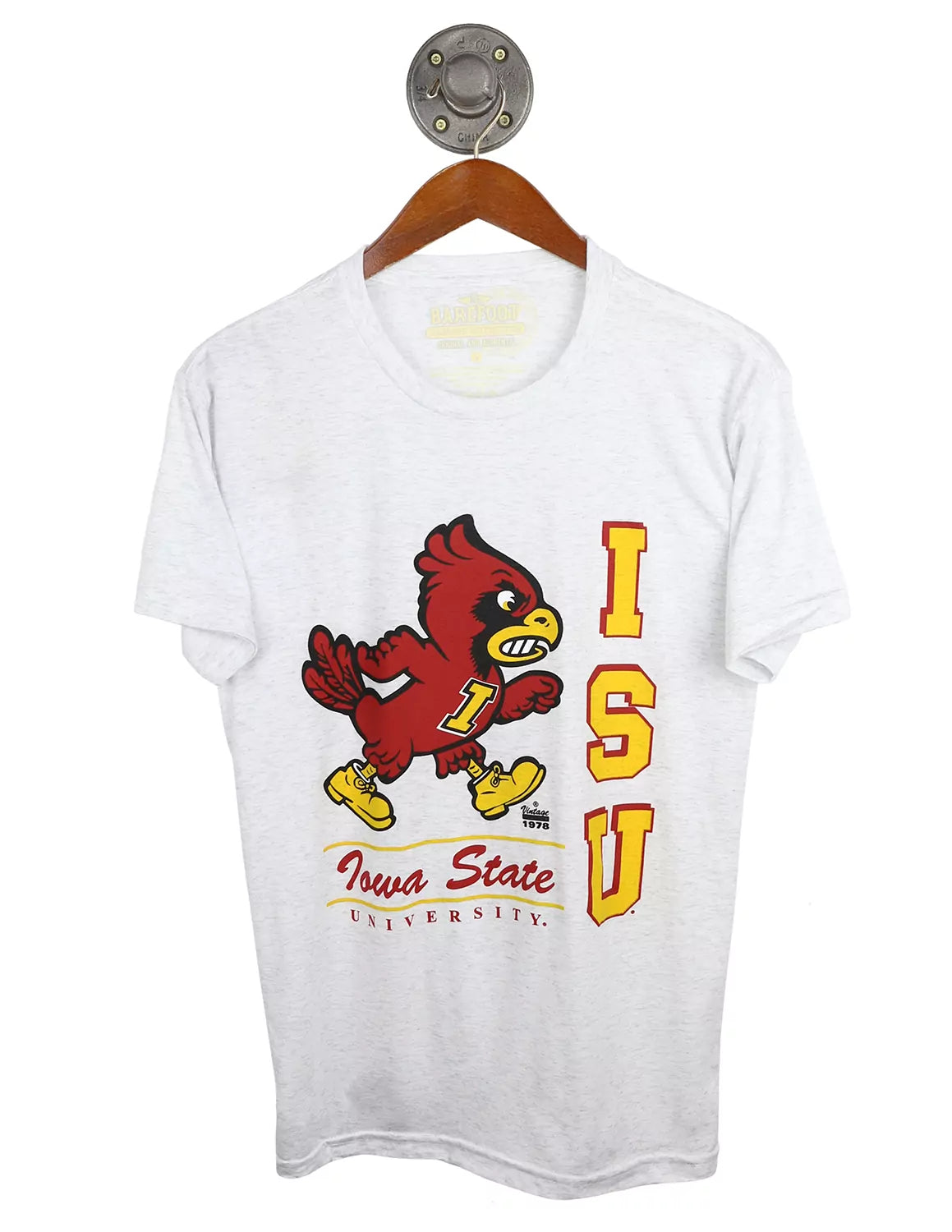 Heather white Iowa State University unisex t-shirt with a ISU logo and cardinal and gold lettering on the front. 