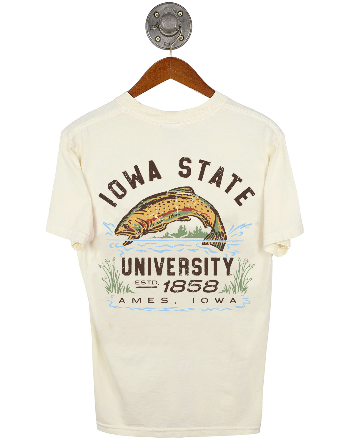 Ivory Iowa State University unisex Comfort Colors t-shirt that features a 
bass in a pond graphic with brown lettering. 