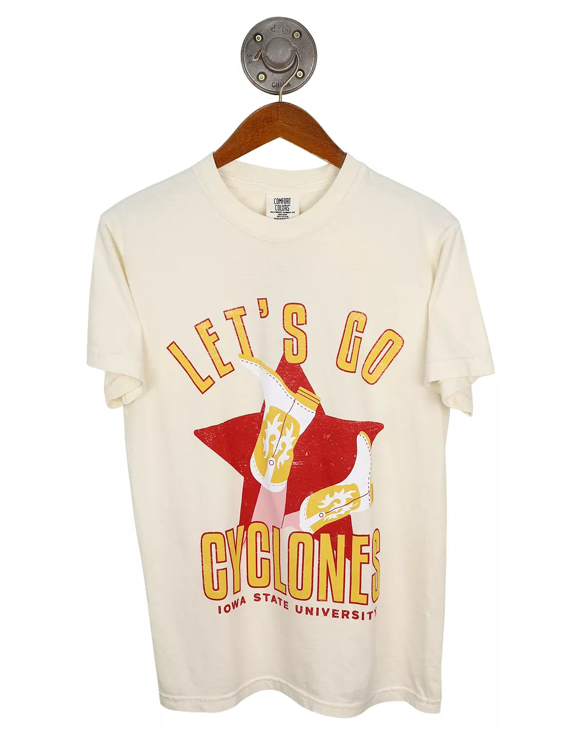 Ivory unisex Iowa State University Comfort Colors t-shirt that features gold and cardinal lettering with a cowgirl boots graphic. 