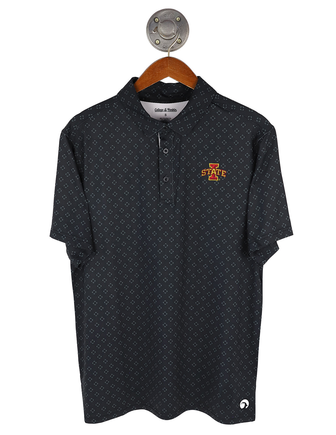Black men's Iowa State University polo that features a white geometric tile pattern with an embroidered Iowa State logo on the left chest.