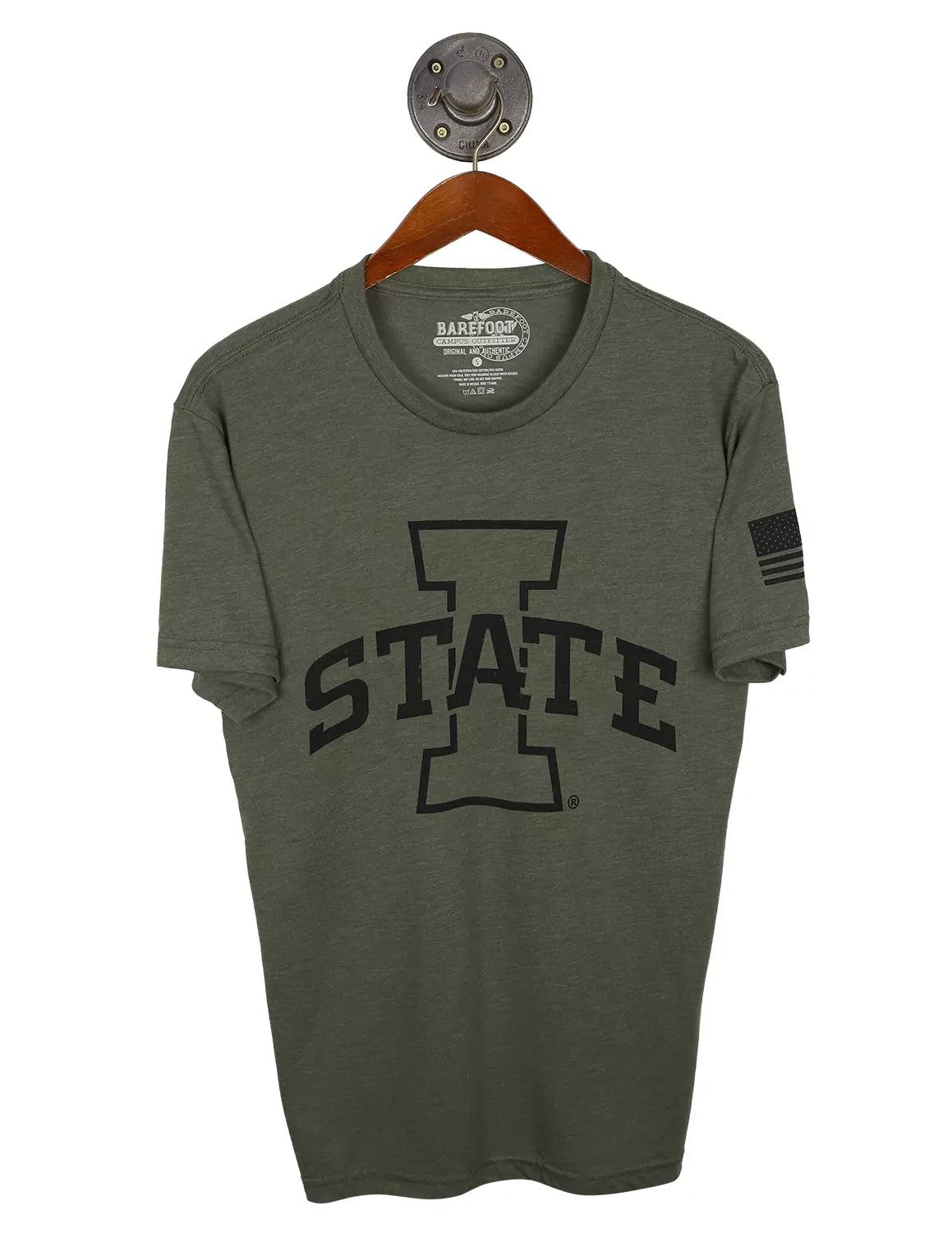 Military green unisex Iowa State University t-shirt featuring an ISU Logo and an American Flag on the sleeve. 