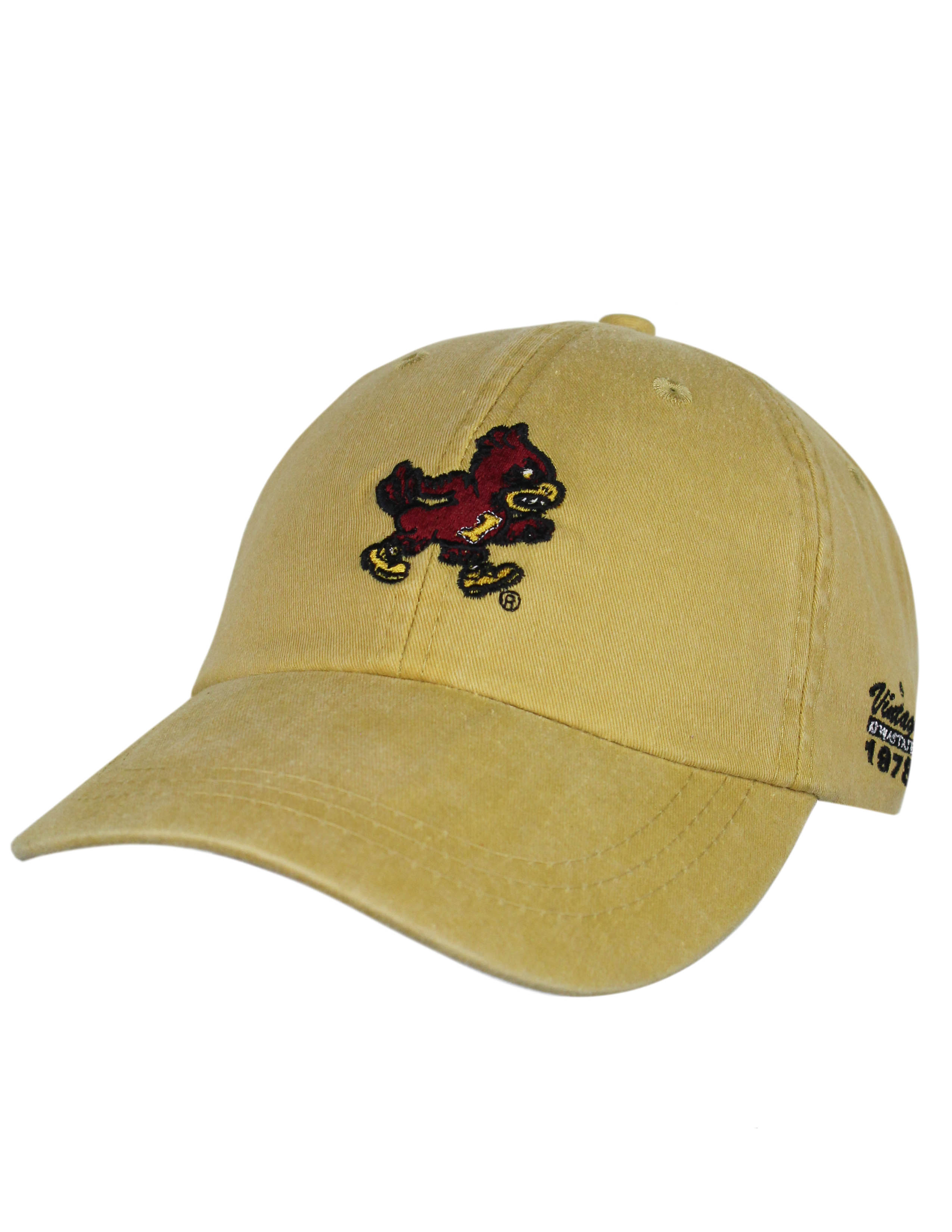 Mustard Iowa State University hat that features a Cyclones patch on the front.  