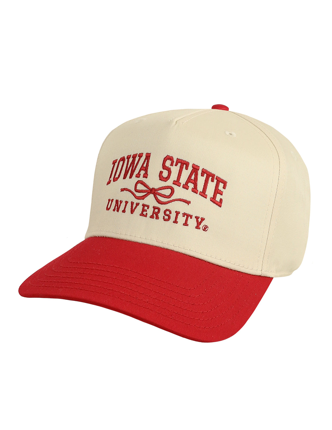 Natural and red Iowa State University unisex trucker hat that features a bow and red letter stitching. 