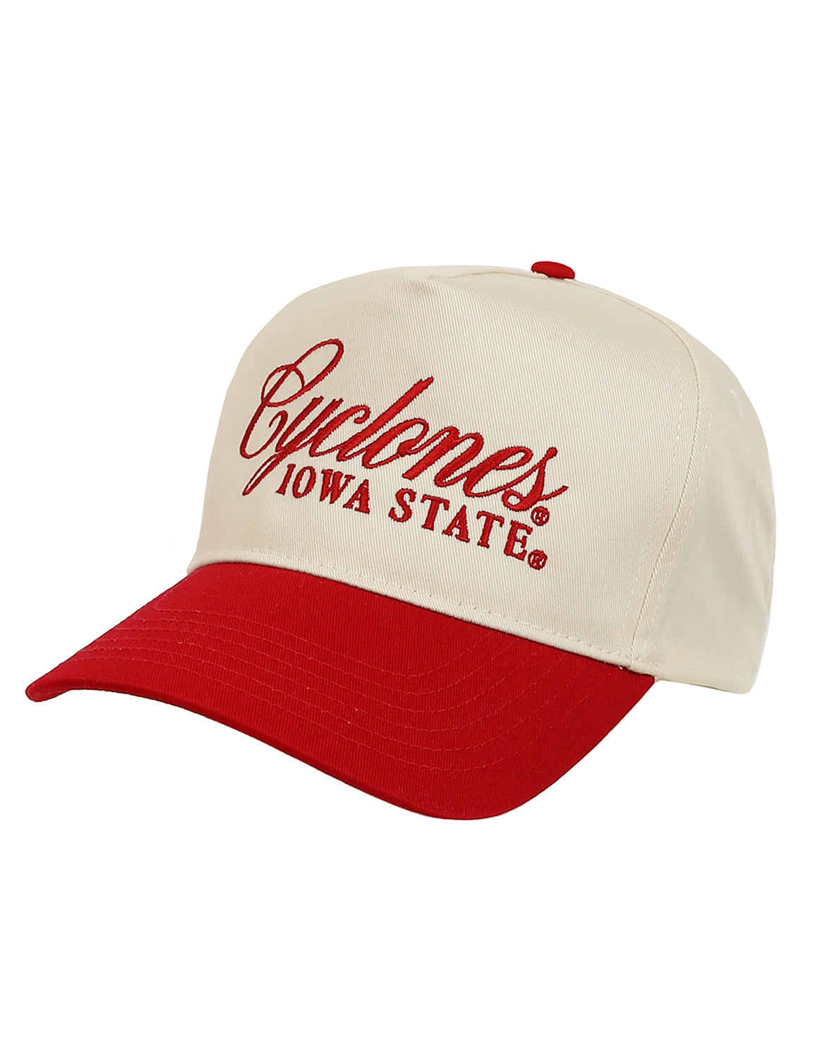 Iowa State University red and natural trucker hat with red embroidered script lettering.