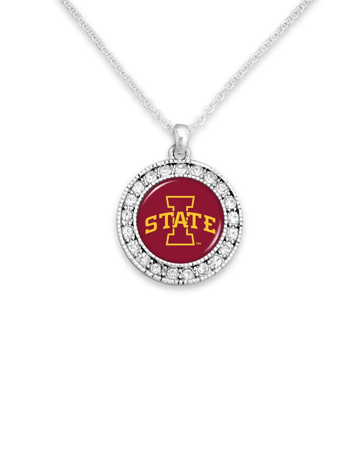 Silver Iowa State University necklace that features a cardinal charm with the Iowa State logo surrounded by diamonds. 