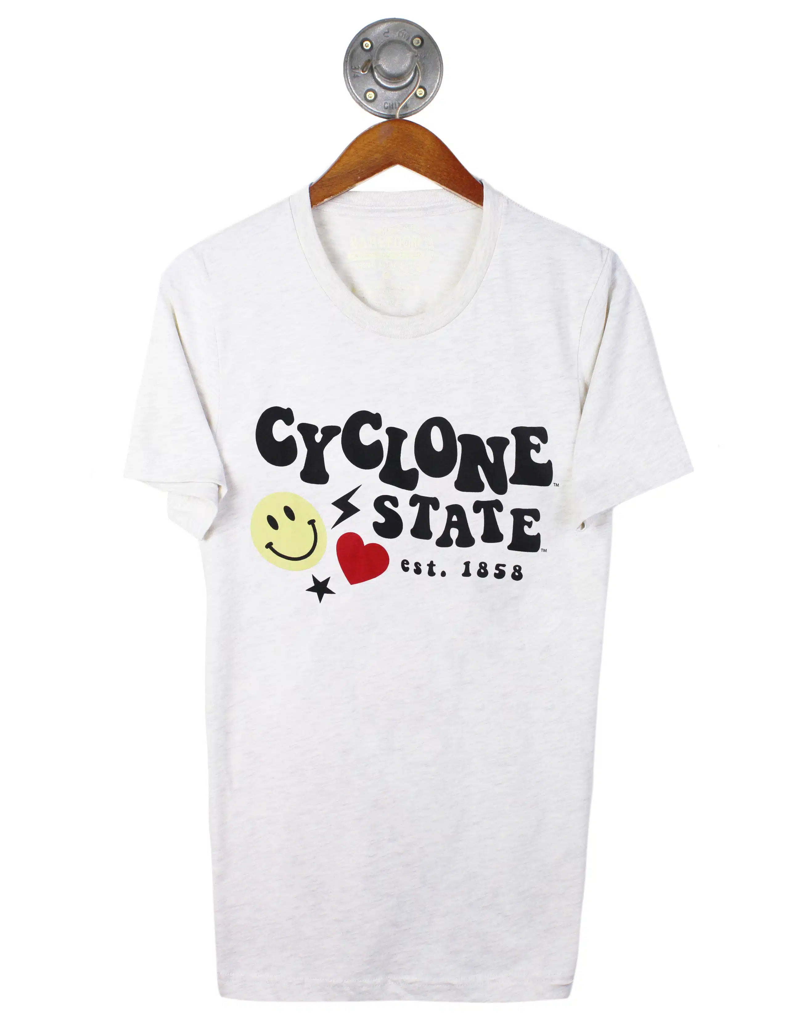 White heather unisex Iowa State University t-shirt featuring "Cyclone State" black text with a smiley face and heart. 