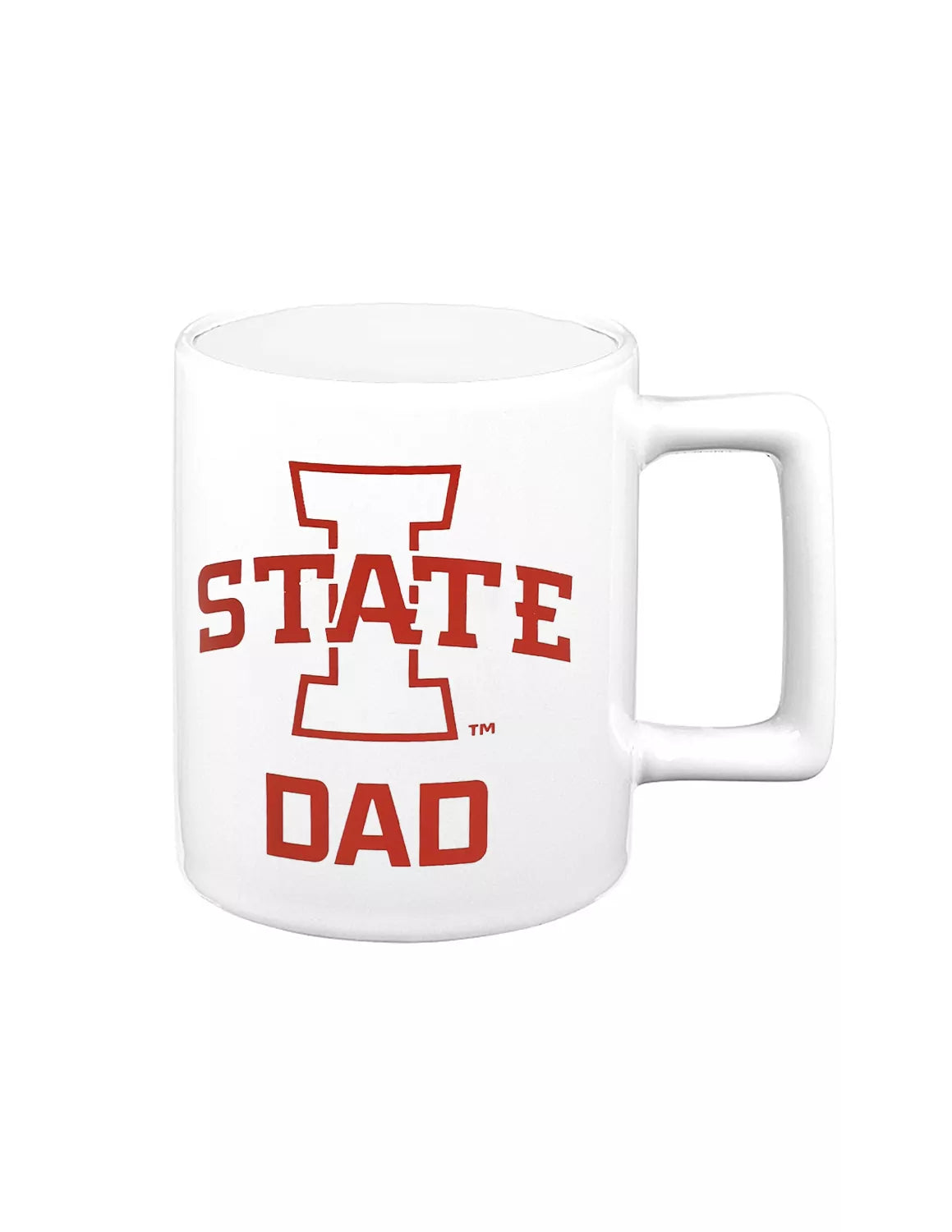 White Iowa State University ceramic mug that features an Iowa State logo and "dad" text. 