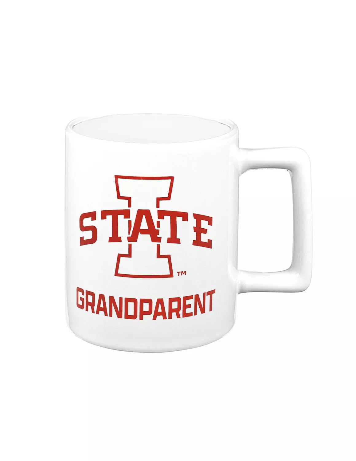 White Iowa State University ceramic mug that features an Iowa State logo and "grandparent" text. 