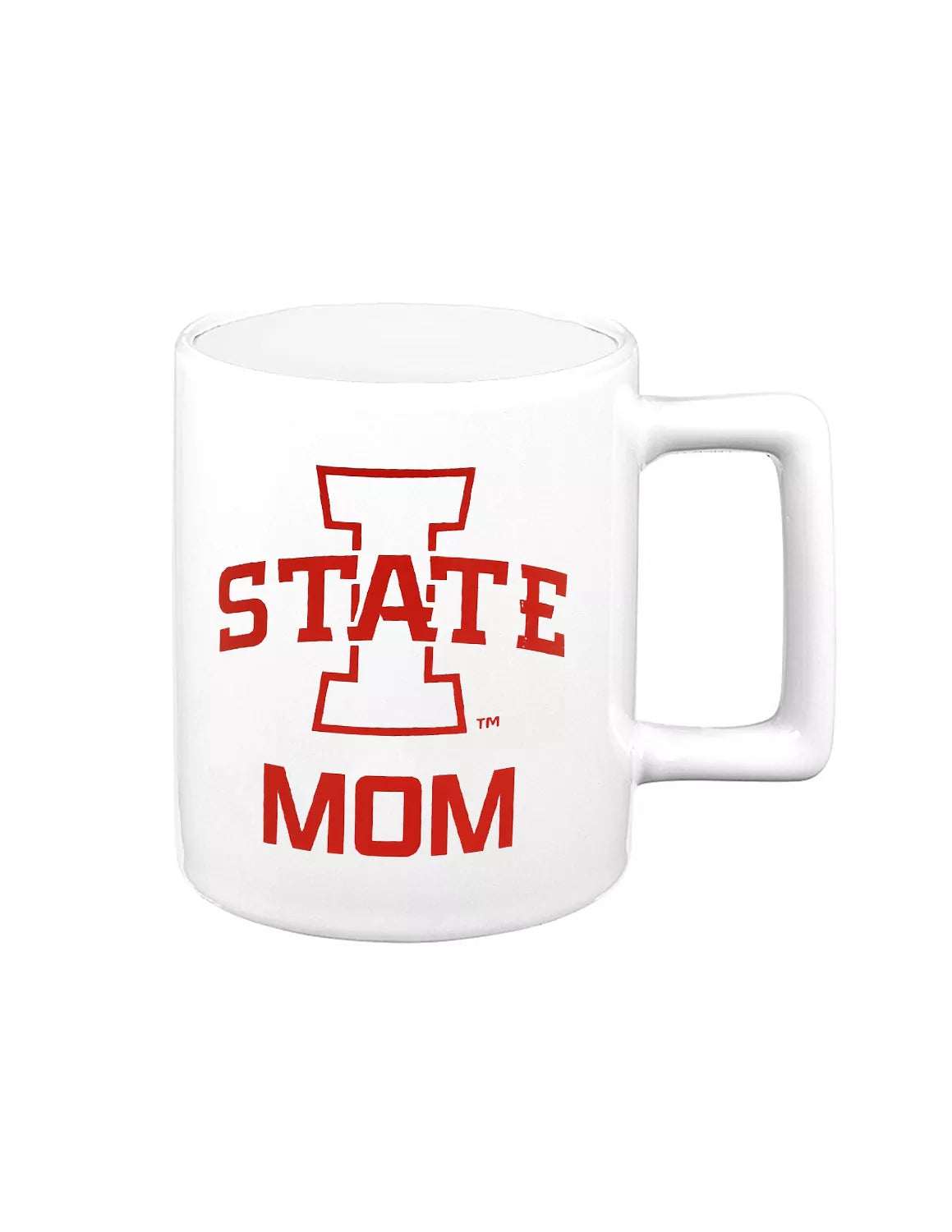 White Iowa State University ceramic mug that features an Iowa State logo and "mom" text. 
