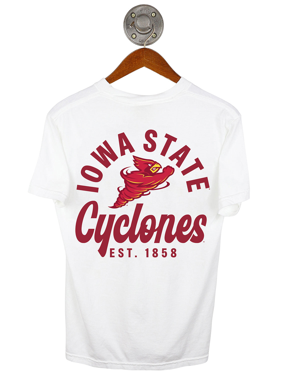 Back-view of white Iowa State University unisex t-shirt that features a large design of a ISU logo with cardinal red lettering surrounding the logo. 