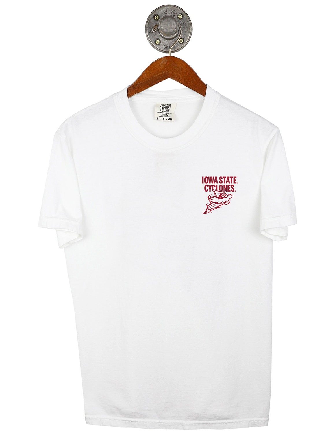 Front-view of white Iowa State University unisex t-shirt that features a left chest design of a ISU logo with cardinal red lettering. 