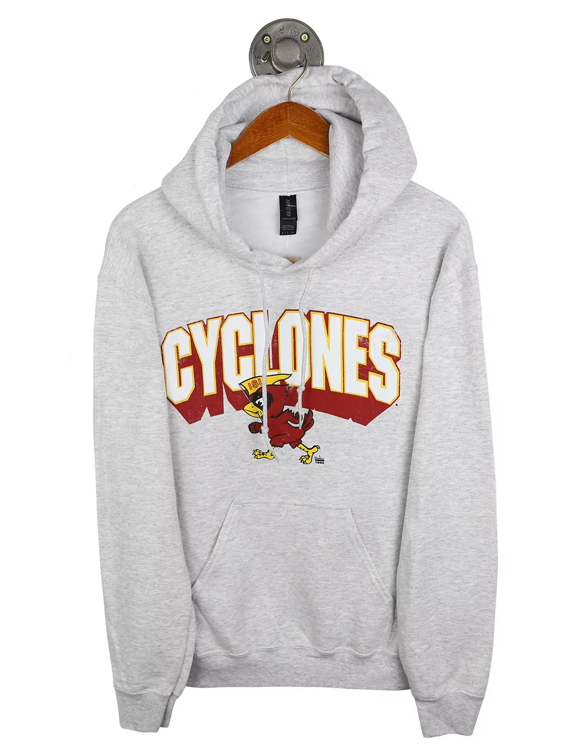 Ash grey Iowa State University unisex hoodie featuring cardinal and gold lettering and a Cy the Cardinal logo. 