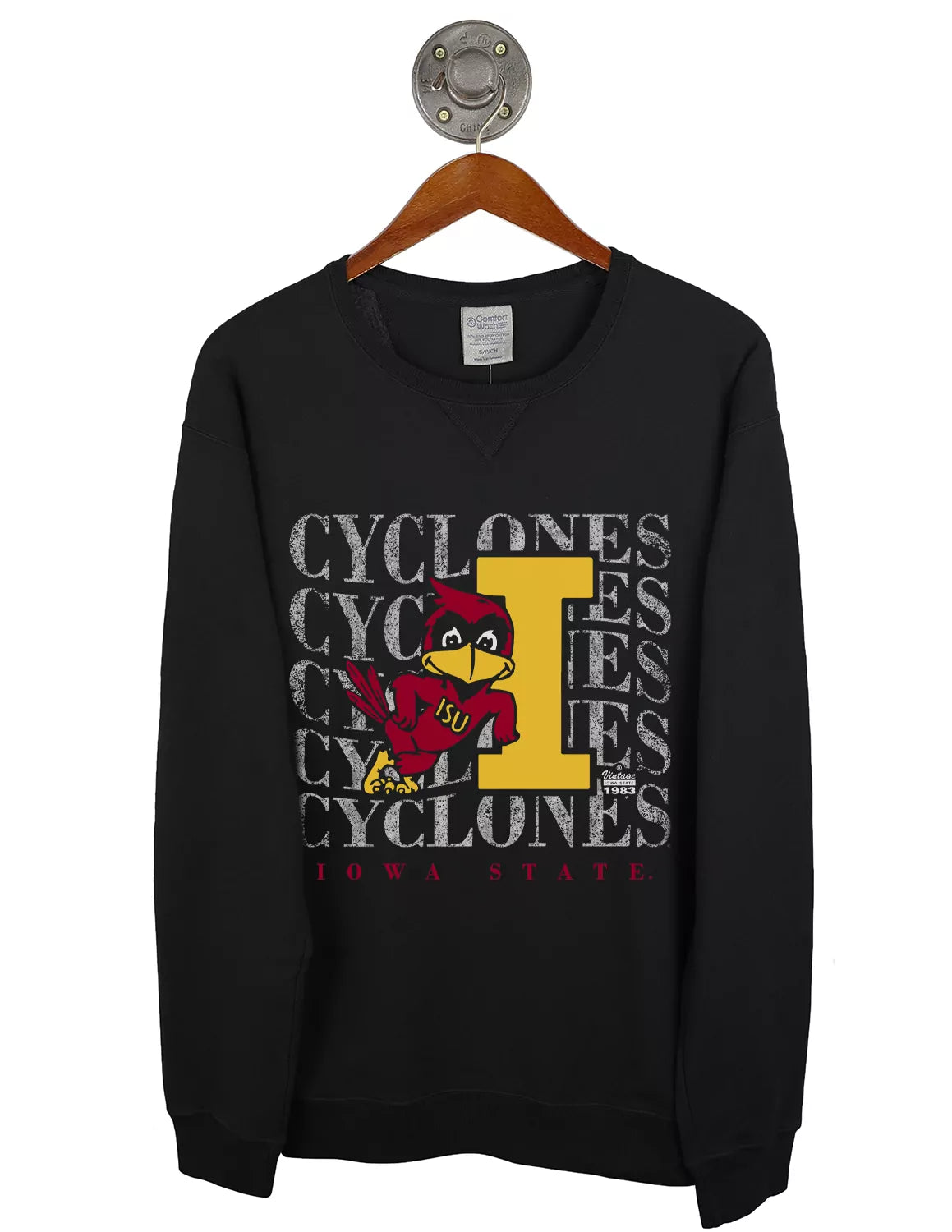 Black Iowa State University unisex long-sleeve t-shirt with stacked Cyclone white lettering and a Leaning Cy logo. 
