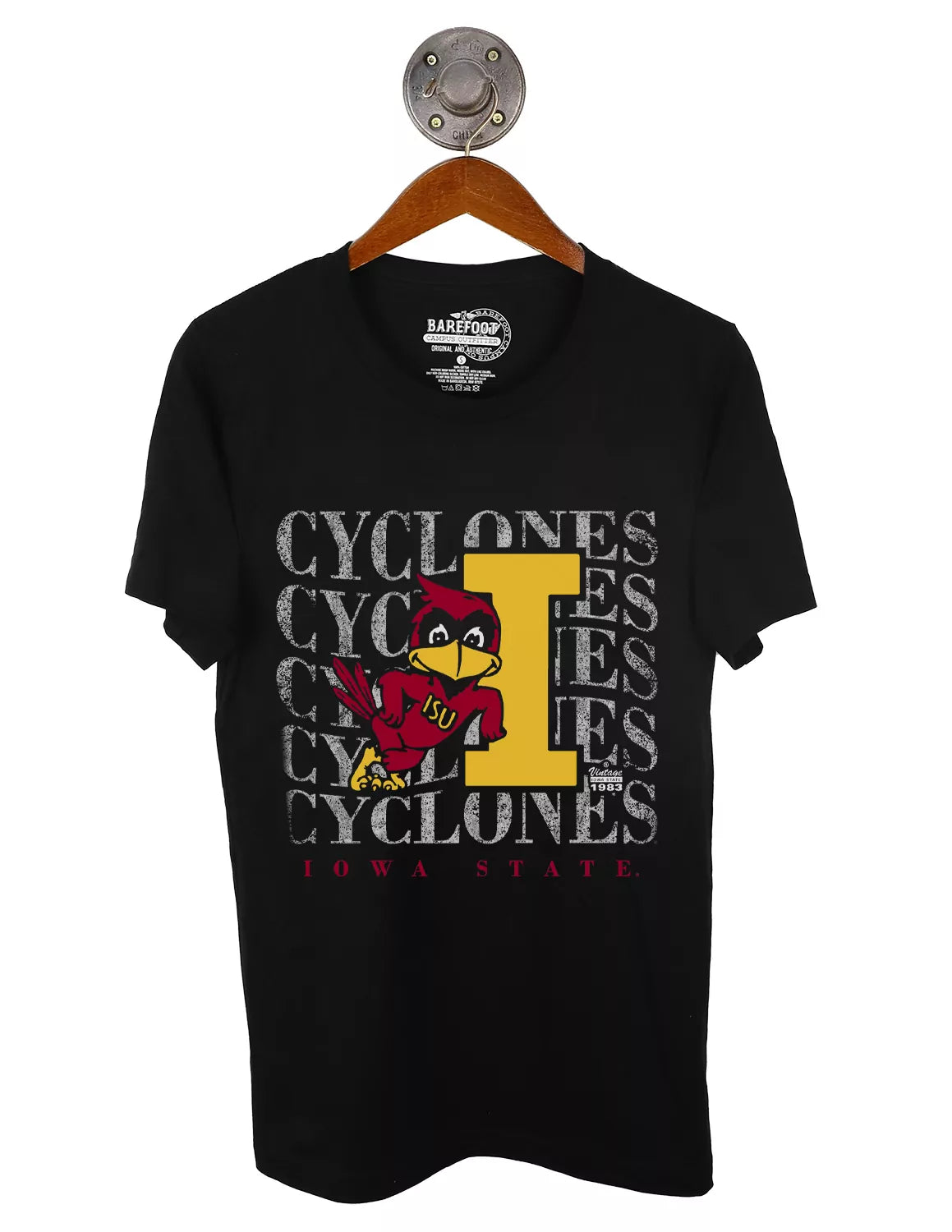 Black Iowa State University unisex t-shirt with stacked Cyclone white lettering and the Leaning Cy Logo in the middle.
