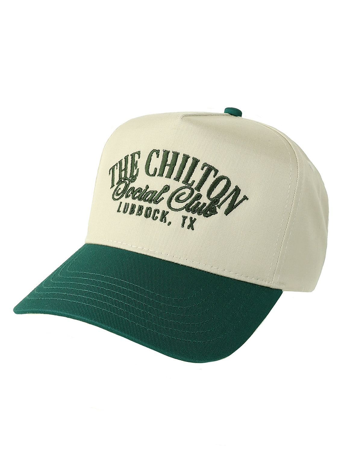 Khaki Lubbock, Tx unisex hat that features a forest green brim and forest green embroidery text on the front that reads "The Chilton Social Club Lubbock Tx." 