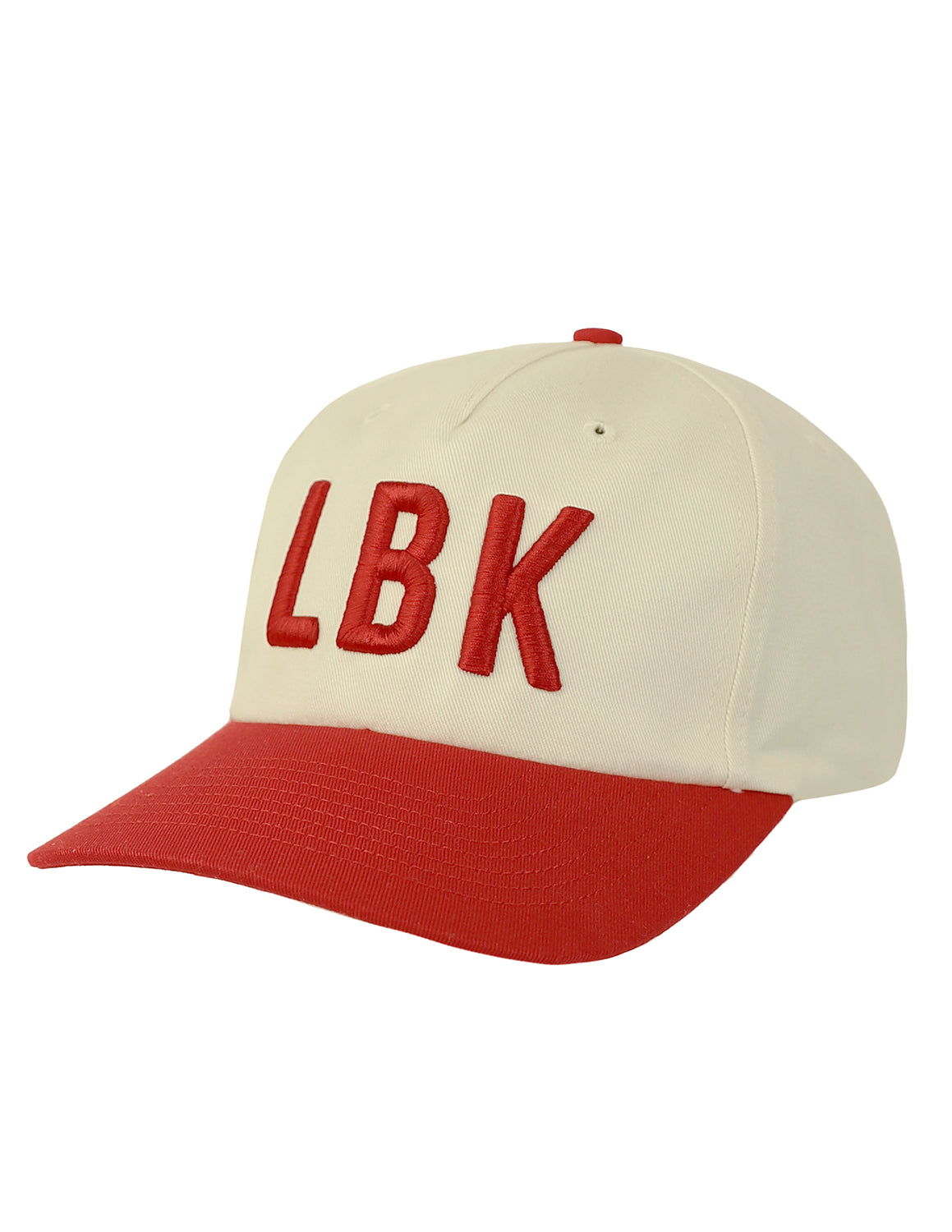 Khaki Lubbock, Tx unisex hat that features a red brim and red block "LBK" embroidery lettering.