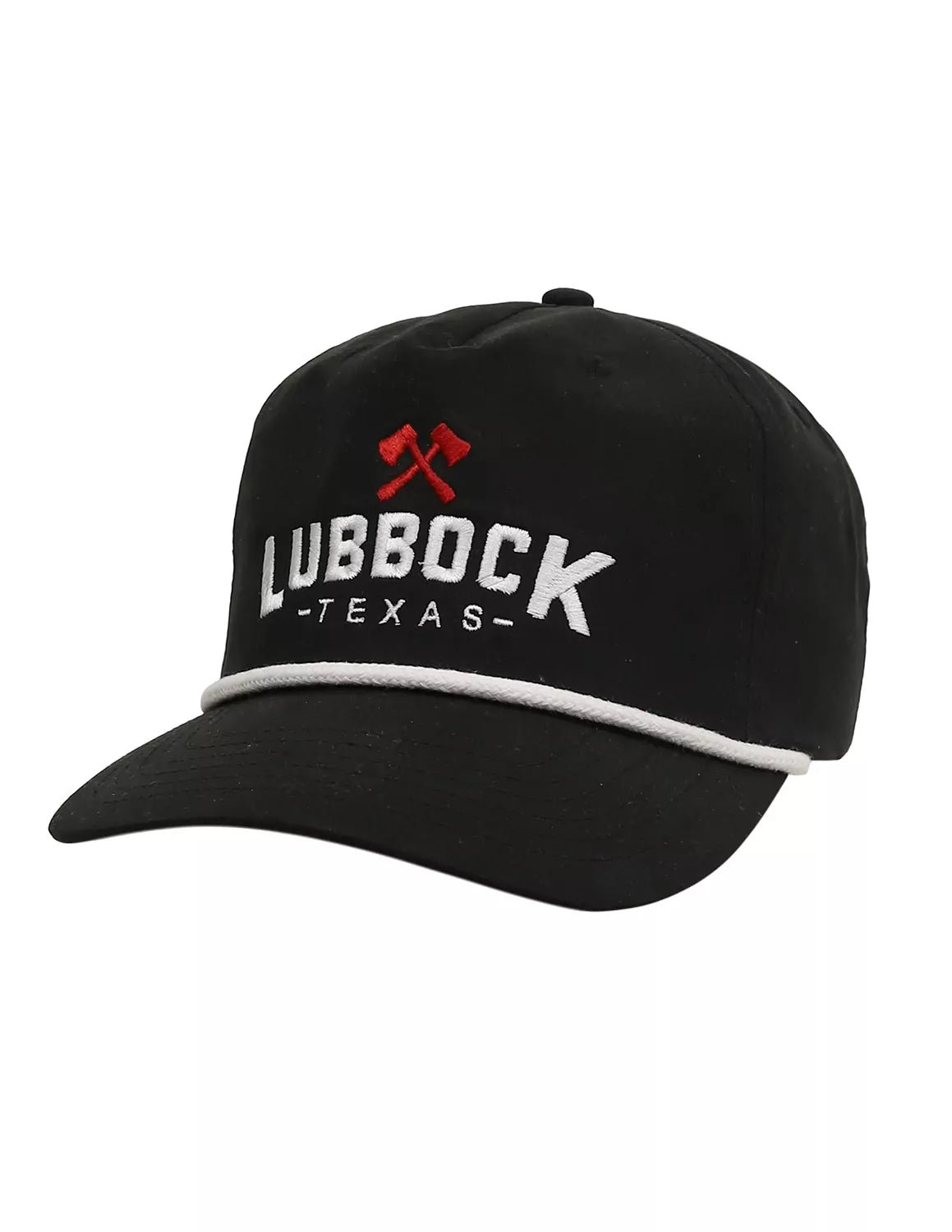 Black Lubbock, Texas hat with a white brim rope detail and features a Lubbock, Texas in white embroidery and two red crossed axes above the text. 