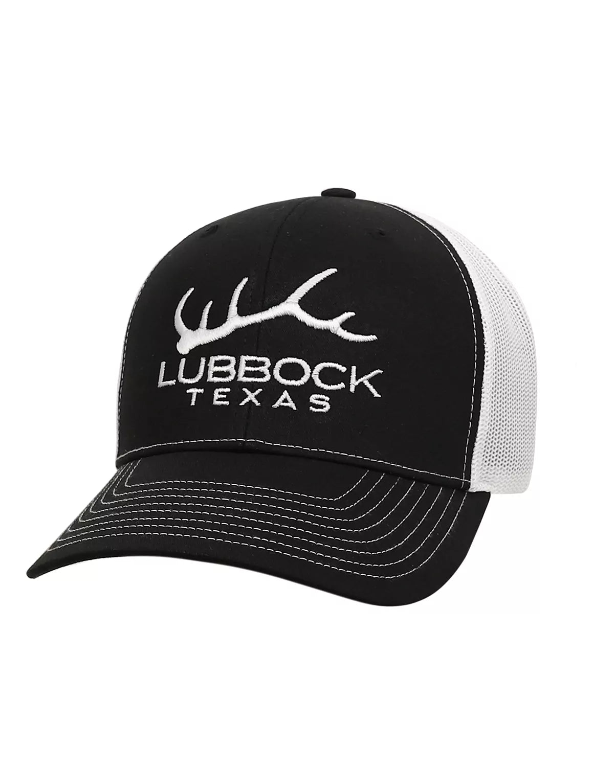 Black Lubbock adjustable white mesh back hat features an elk antler and a white Lubbock, Texas embroidery. 