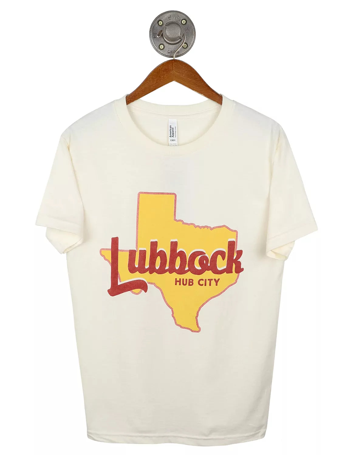 Cream Lubbock, TX unisex t-shirt that features a TX state outline with scarlet red lettering. 