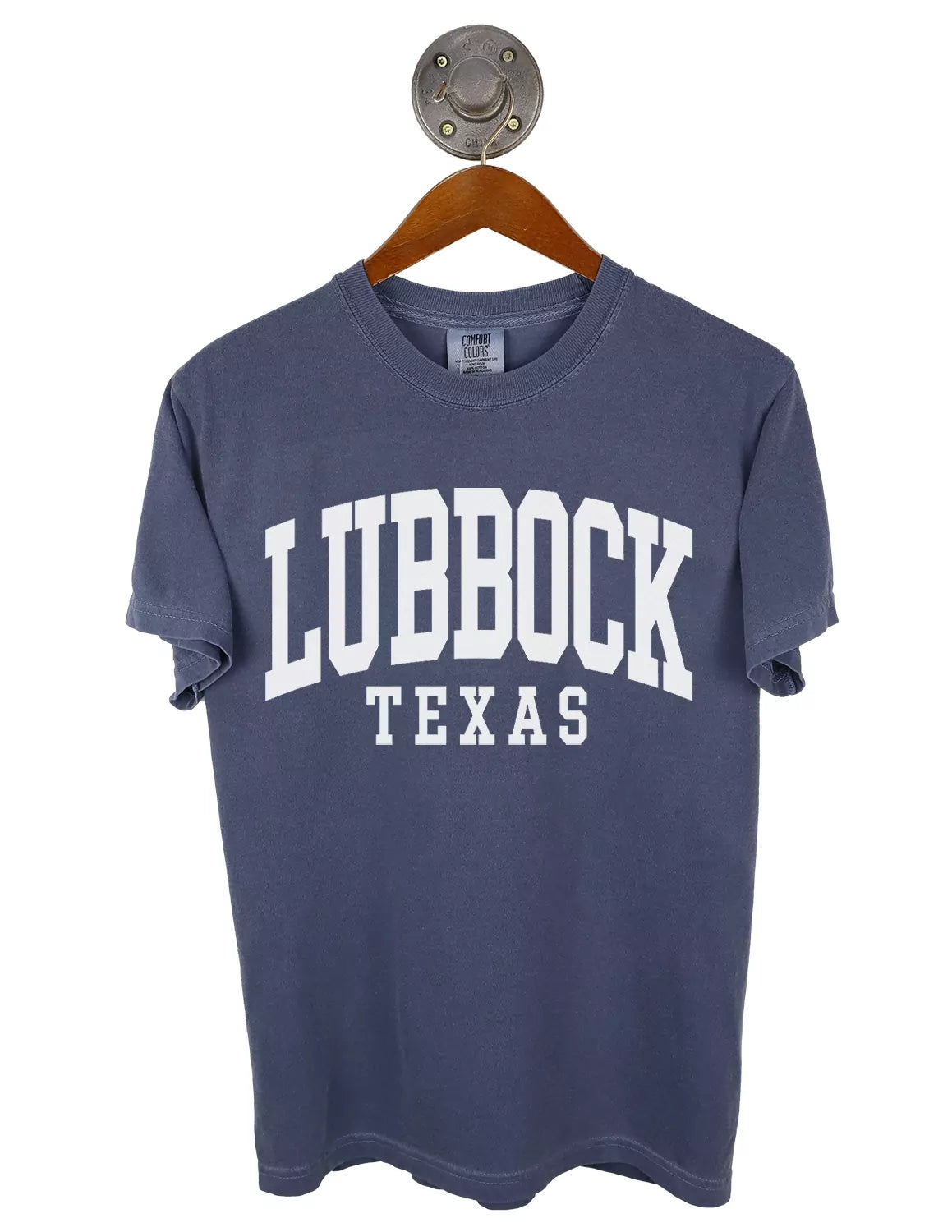 Denim blue Lubbock, Tx unisex t-shirt with white lettering.