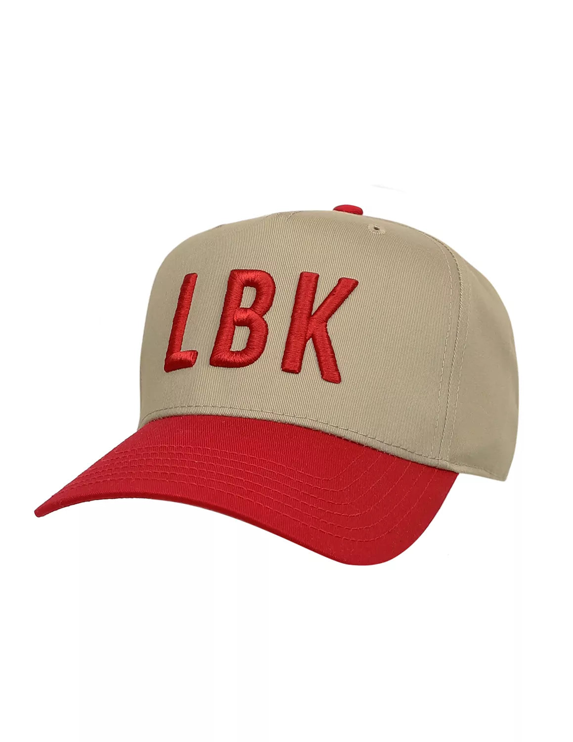 Tan Lubbock, Tx hat featuring a red brim with red embroidered lettering. 