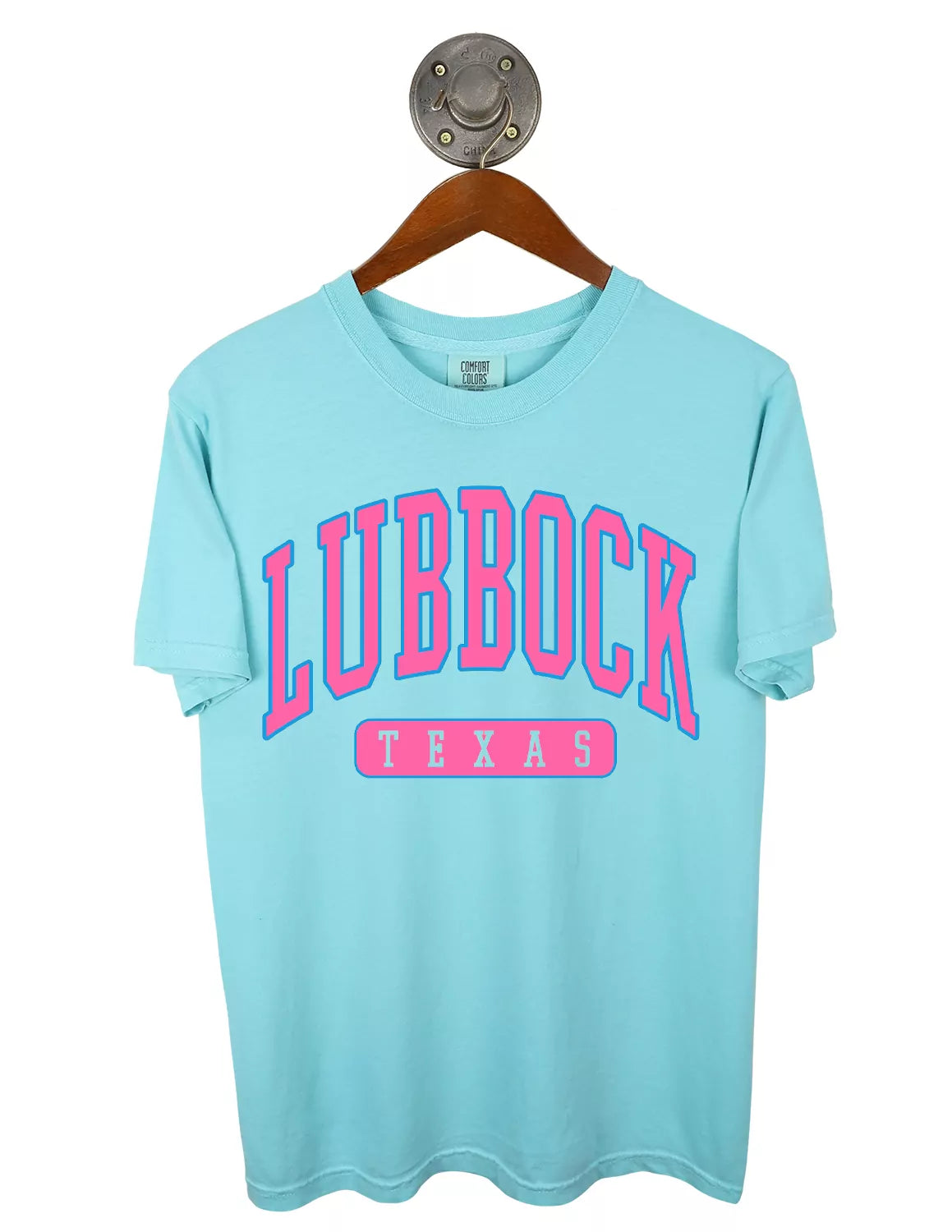 Mint Lubbock Comfort Colors unisex t-shirt that features "Lubbock" text in pink print. 