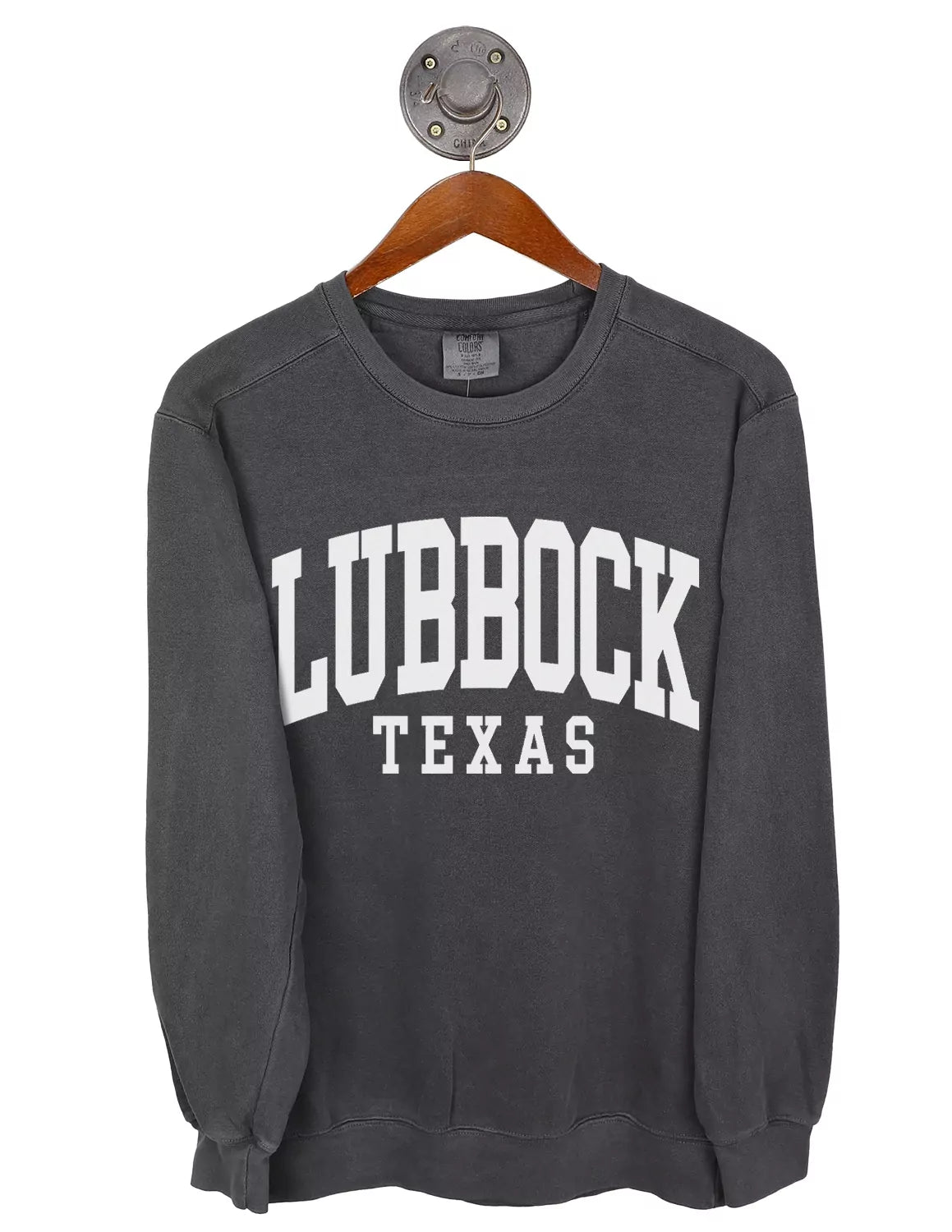 Pepper unisex Lubbock, Tx crewneck sweatshirt with white lettering.