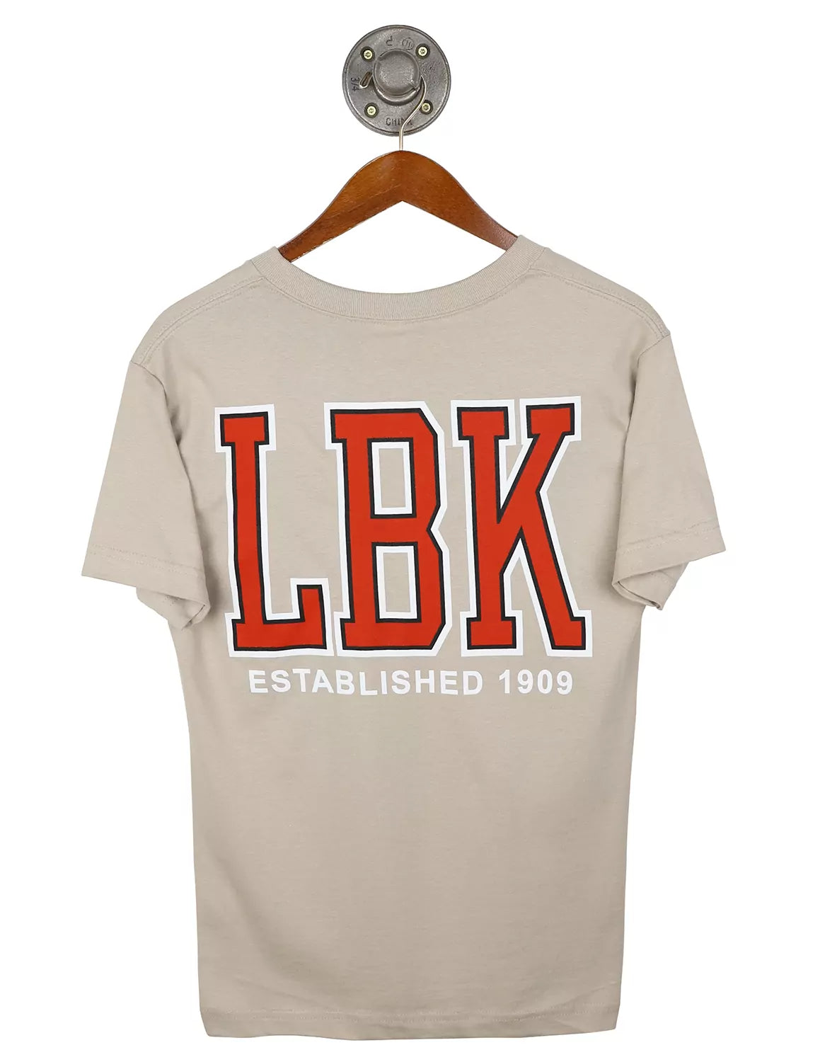 Sand unisex Lubbock, Tx t-shirt with a back design featuring a "LBK" lettering in red, black, and white. 
