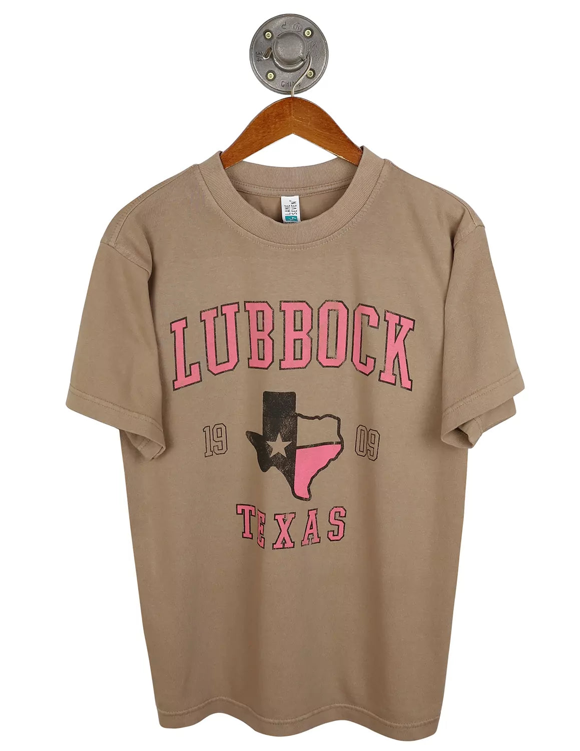 Tan unisex Lubbock, Tx t-shirt with a Texas State outline in the center and pink and black lettering around.