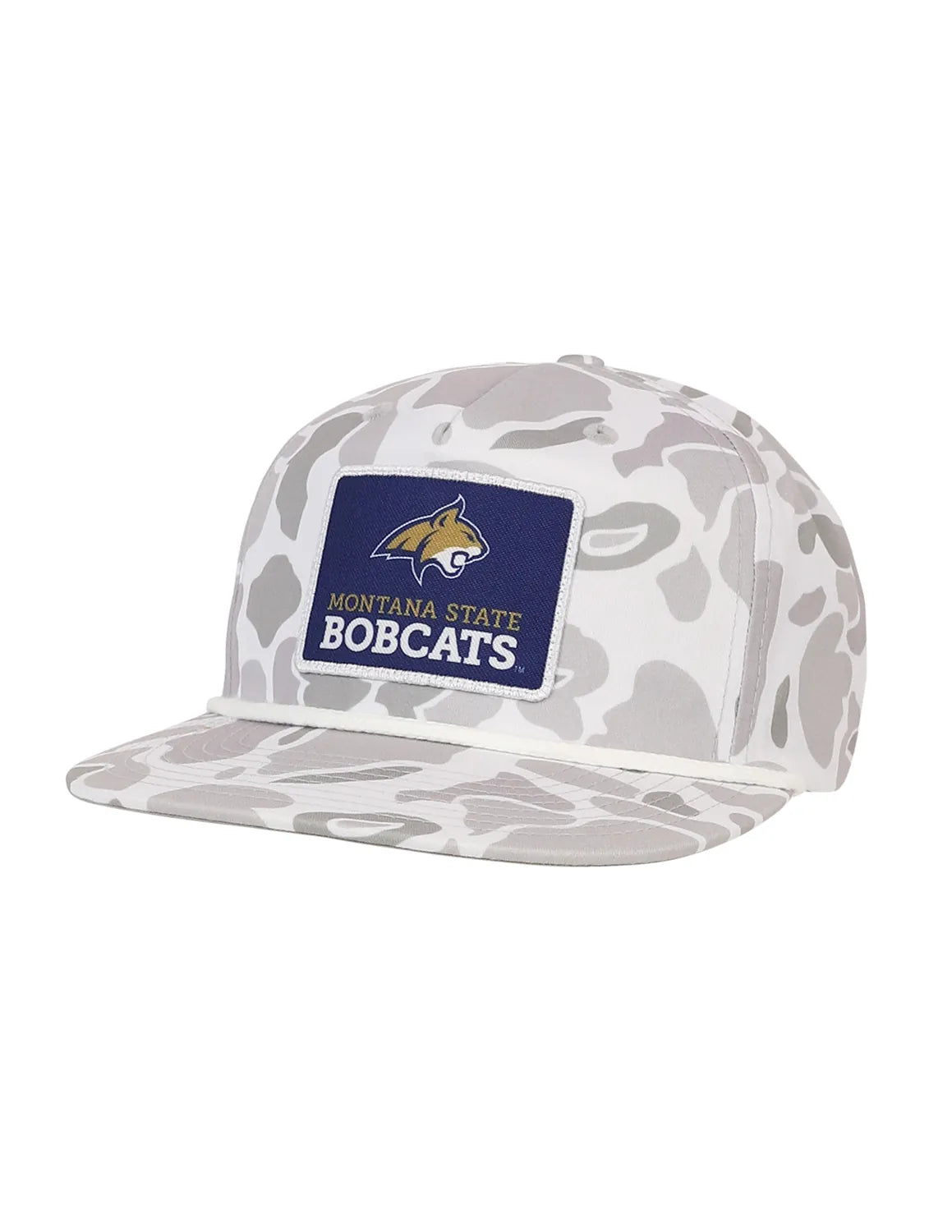 Camouflage patterned Montana State University unisex rope hat with a MSU Bobcats patch on the front. 