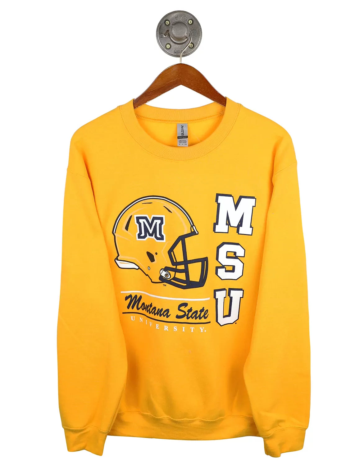 Gold Montana State University unisex Gildan crewneck Sweatshirt featuring a football helmet graphic and MSU lettering. 