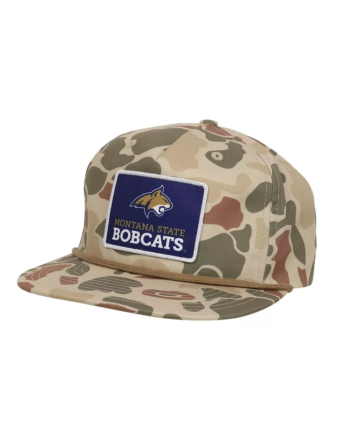 Green camouflage patterned Montana State University unisex patch hat with a MSU Bobcats patch on the front. 