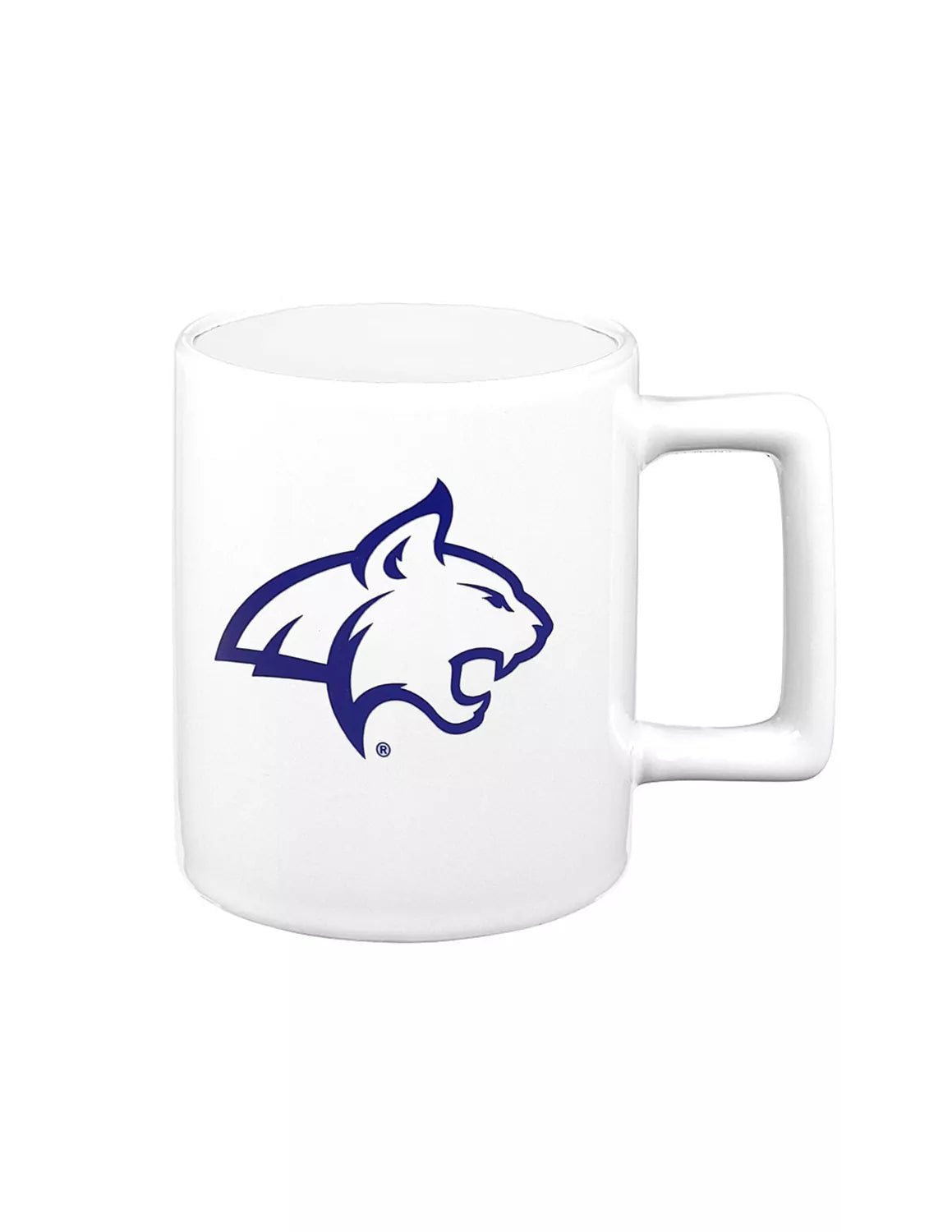 White Montana State University ceramic mug that features a bobcat logo.
