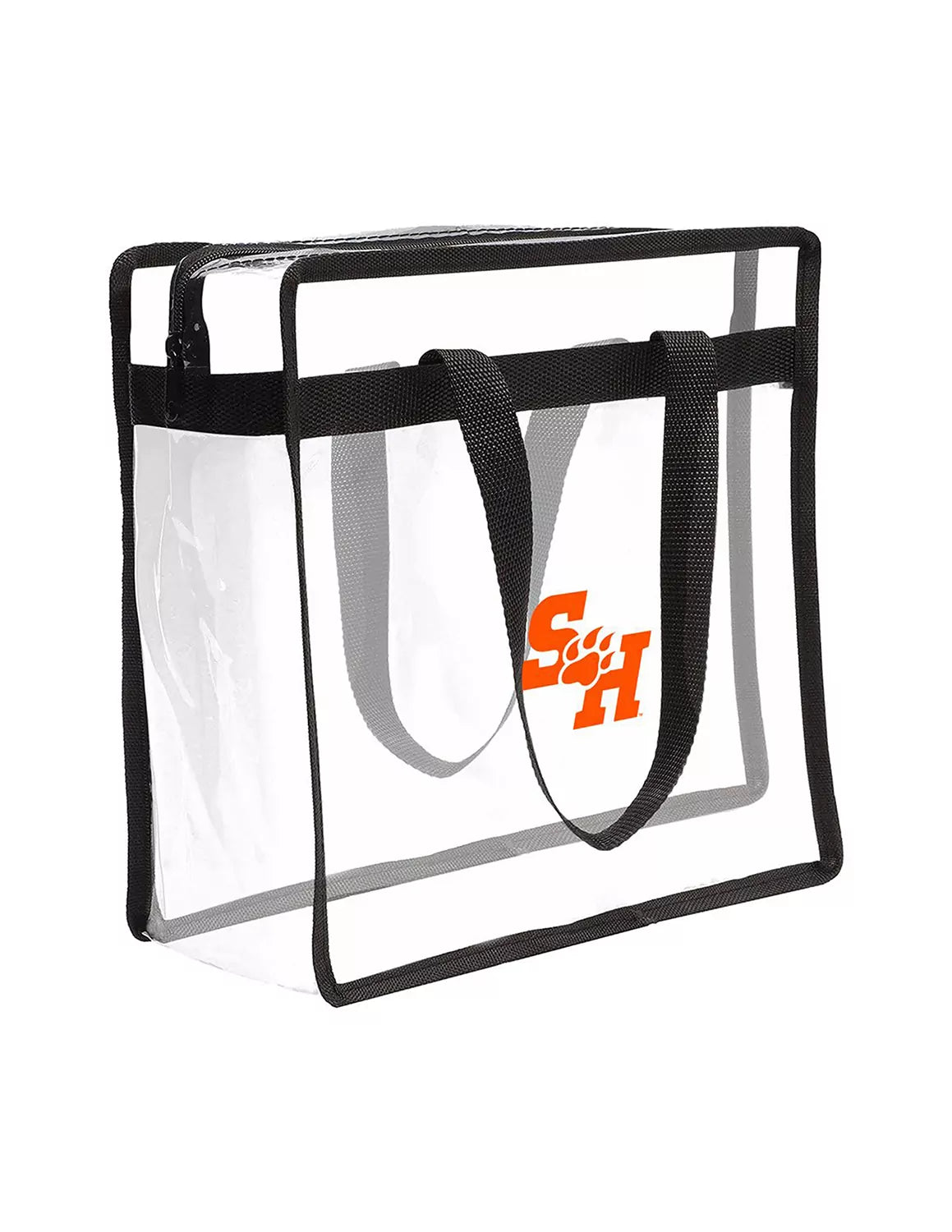 Clear Sam Houston State University stadium bag with a zippered top closure, black straps, and an orange SHSU logo on the front. 
