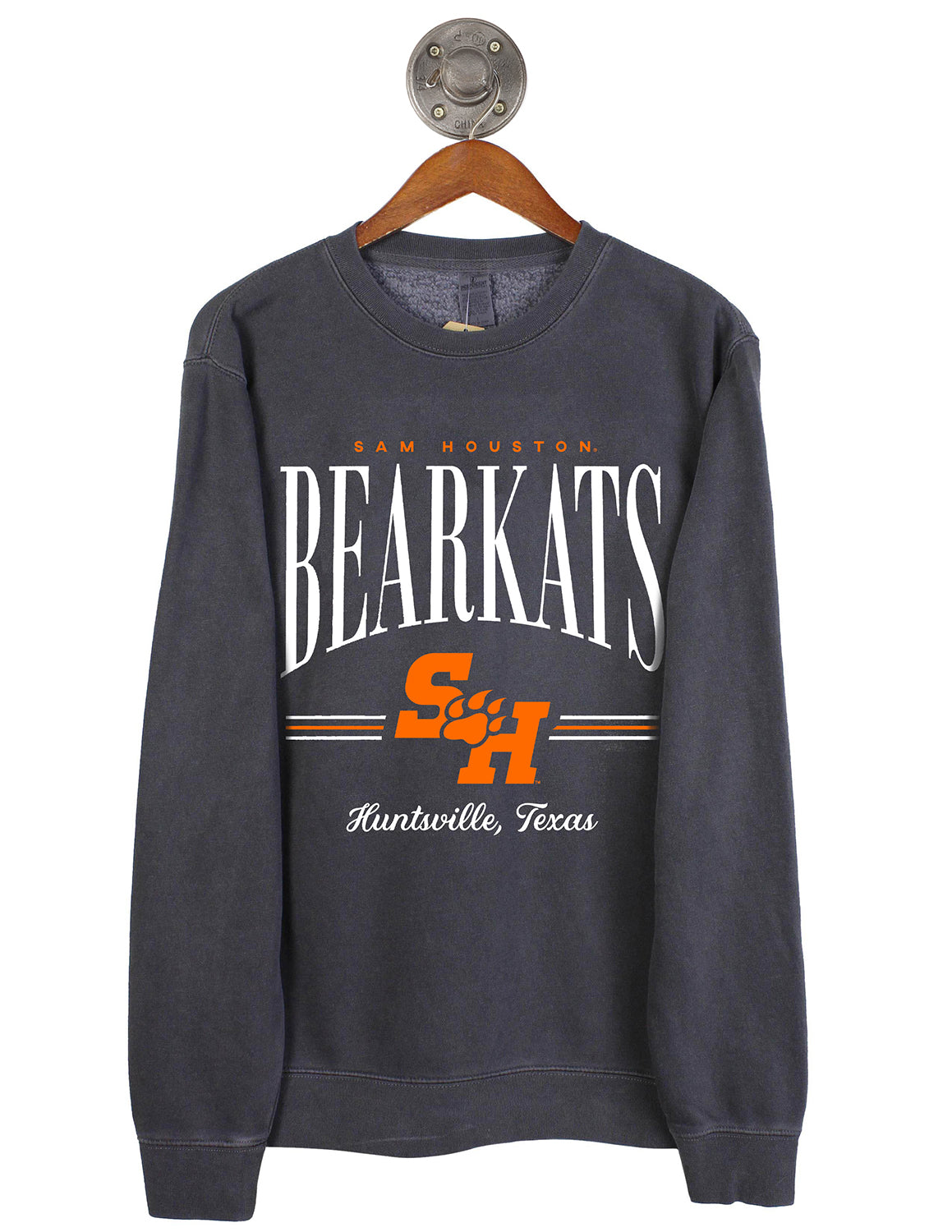 Dark grey unisex Sam Houston State University crewneck sweatshirt that features white and orange lettering with a Sam Houston logo. 