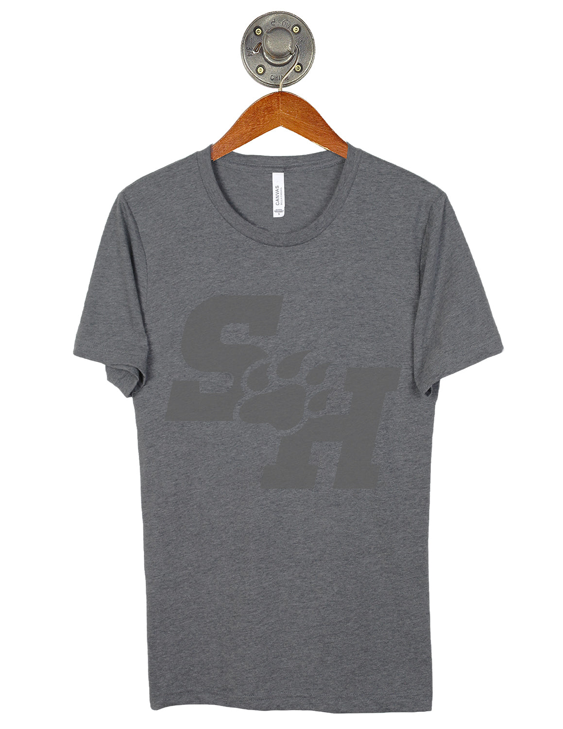 Heather grey Sam Houston State University unisex t-shirt that features a large grey Sam Houston logo in the center. 