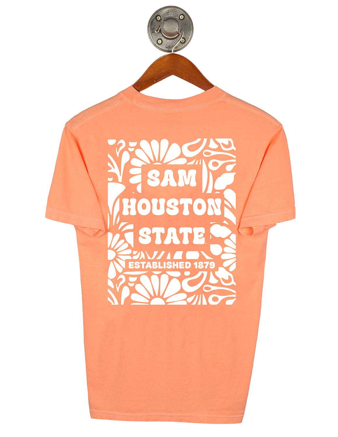 Back-view of neon Cantaloupe Sam Houston State University unisex Comfort Colors t-shirt that features a white floral design with white lettering. 