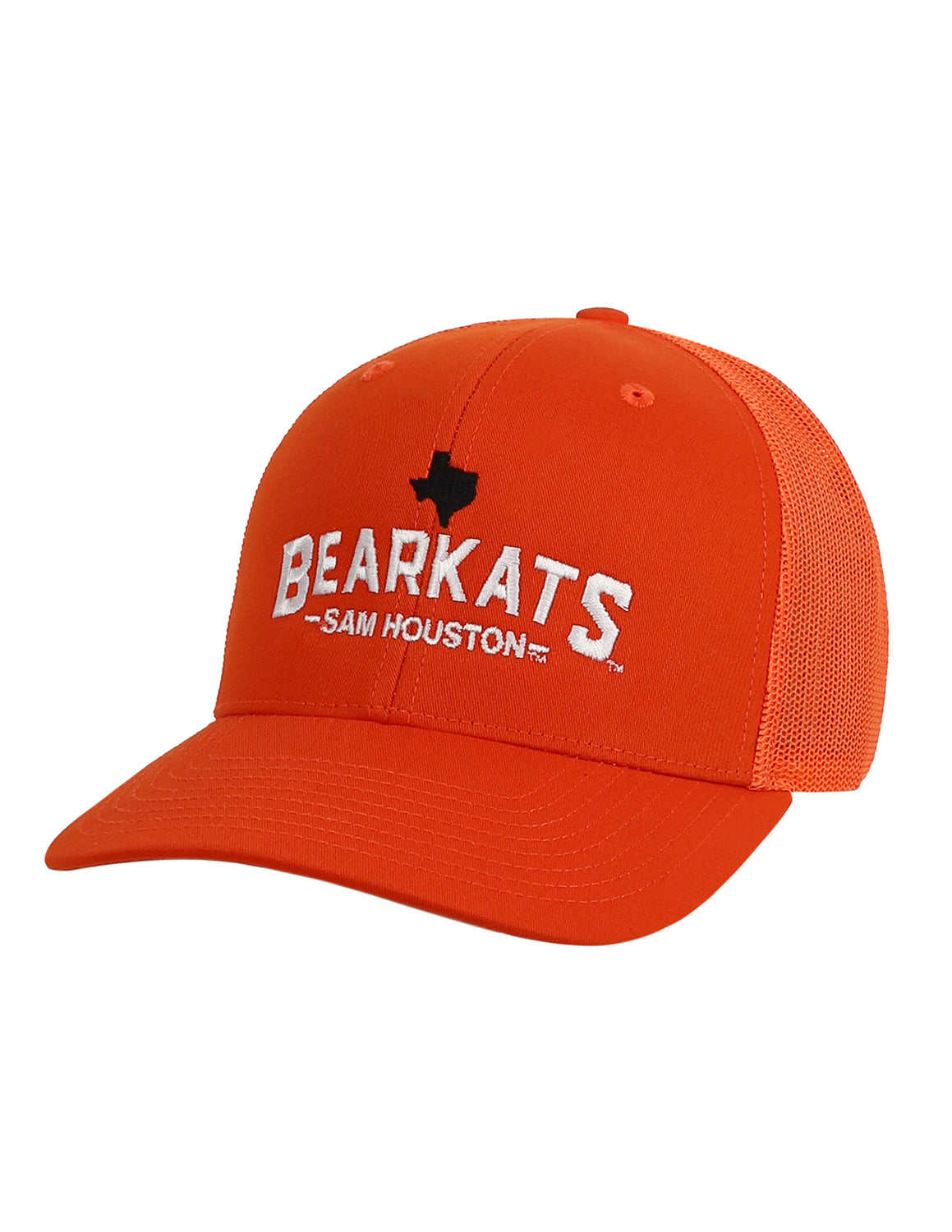 Orange Sam Houston State University unisex hat that features white embroidery lettering and a silhouette of the state of Texas on the front. 