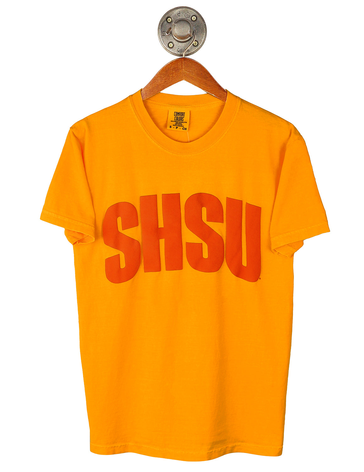 Bright orange Sam Houston State University comfort colors t-shirt that features orange "SHSU" text. 