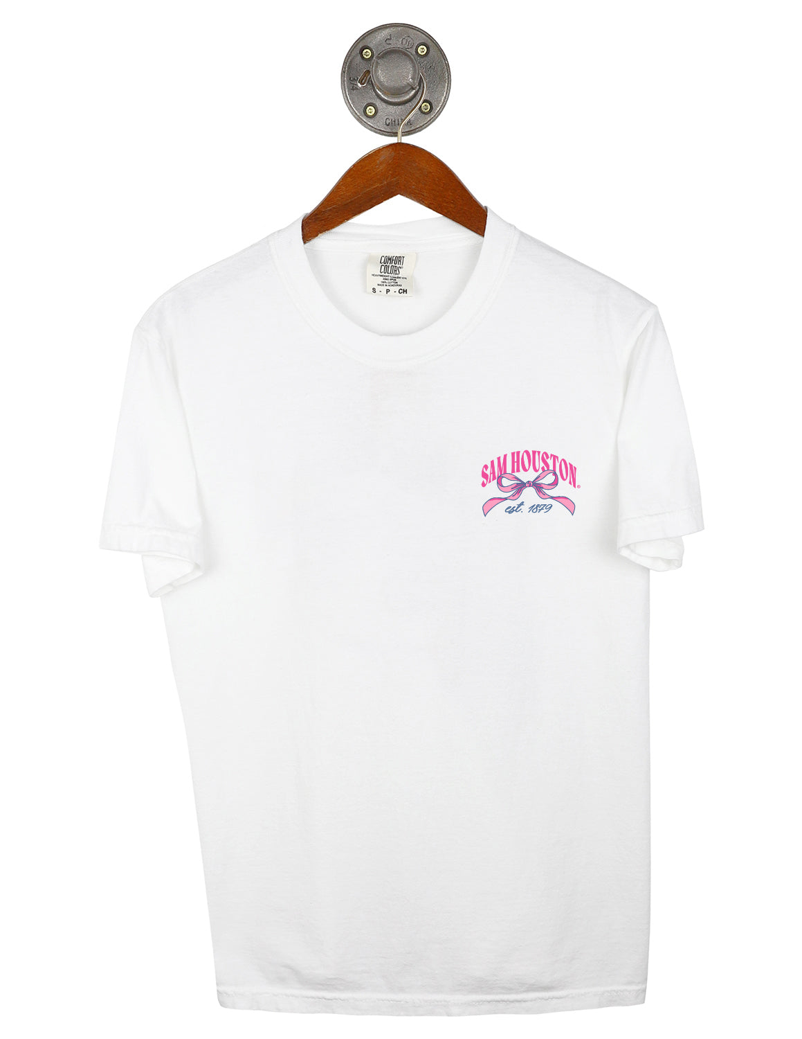Front-view of white Sam Houston State University unisex short-sleeve t-shirt that features s left chest design of "Sam Houston" pink lettering above a bow graphic. 