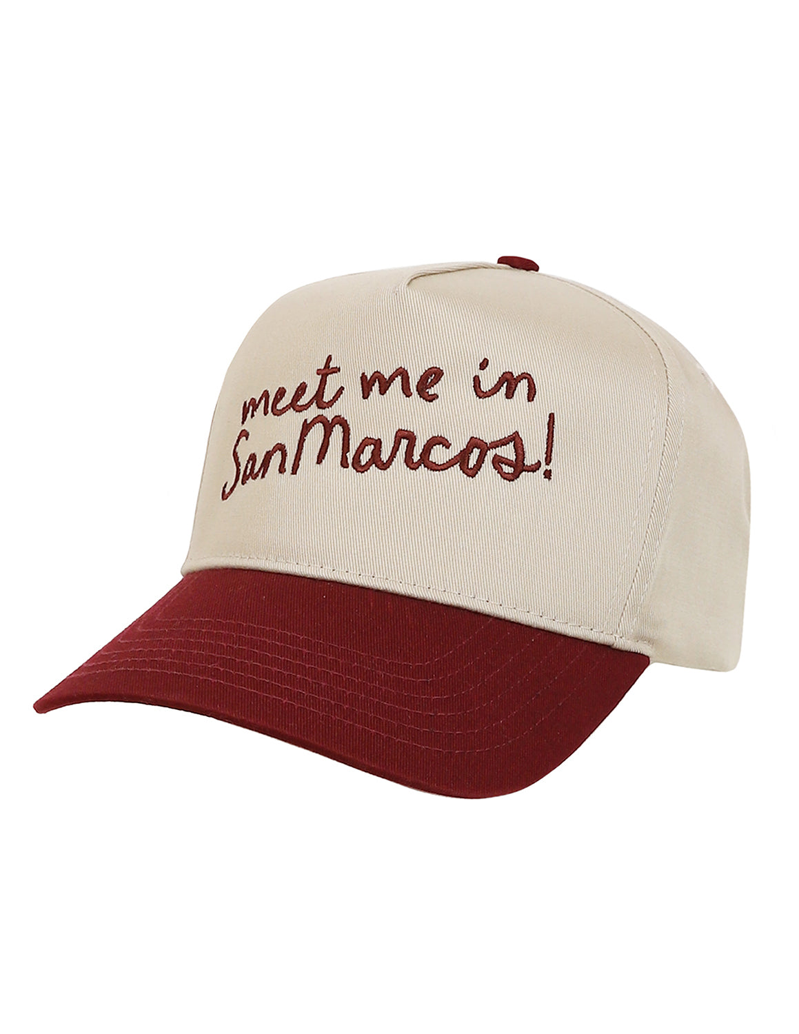 Khaki and maroon San Marcos, TX unisex trucker cap that features maroon stitching. 
