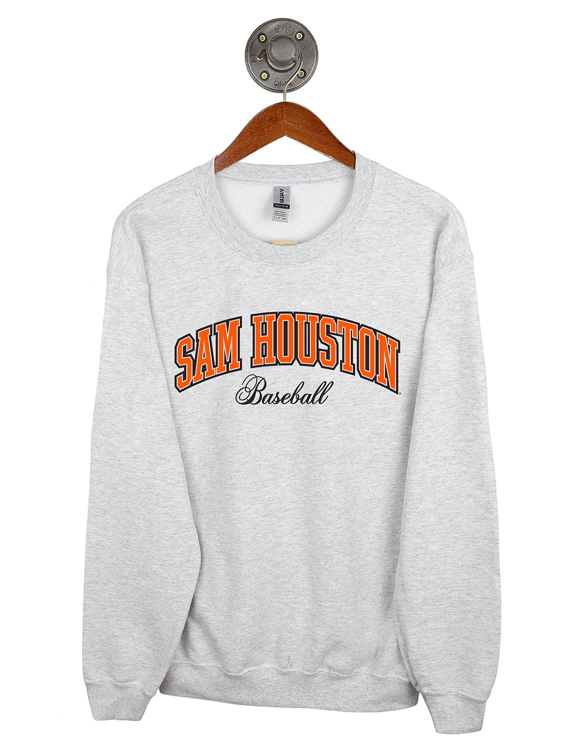 Ash grey Sam Houston State University unisex Gildan crewneck sweatshirt that features "Sam Houston Baseball" text in orange and black lettering. 