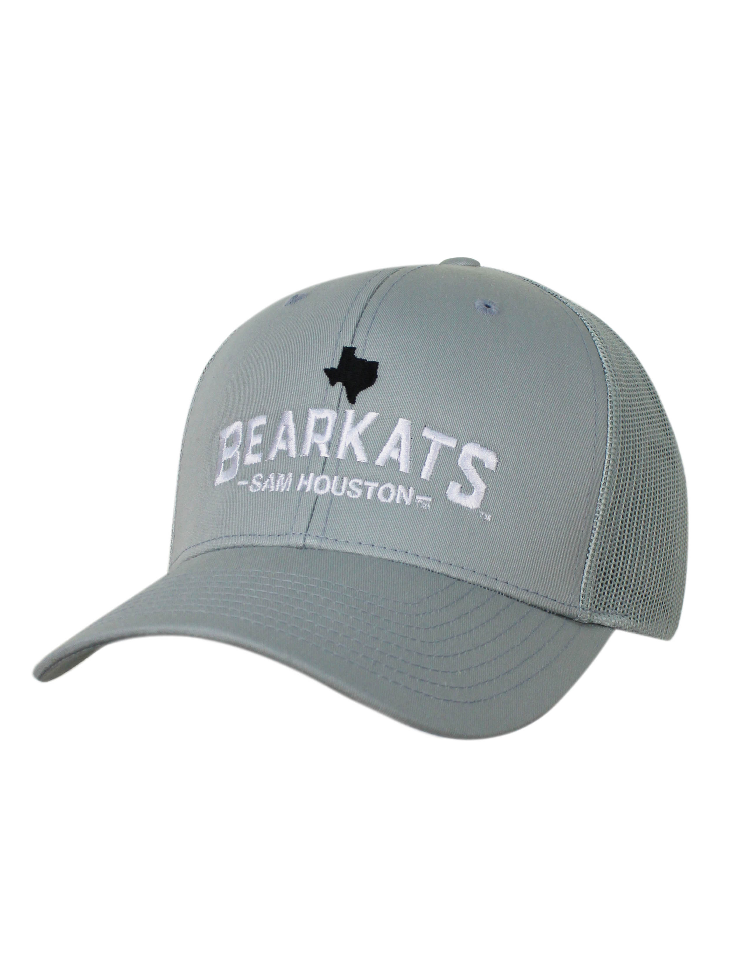 Grey Sam Houston State University unisex hat that features white embroidery lettering with a black silhouette of the state of Texas on the front. 